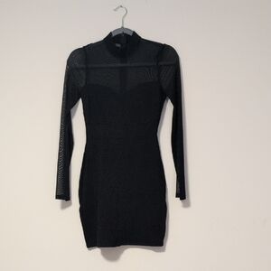 Black Long-Sleeve Mesh Yoke Bodycon Dress
